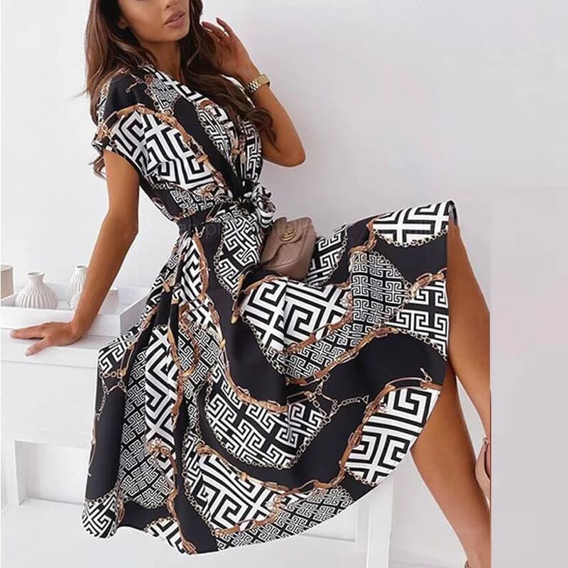 Robe mi-longue sexy à col en V pour femmes, chemise à lacets, ceinture, motif vintage, imprimé, lign