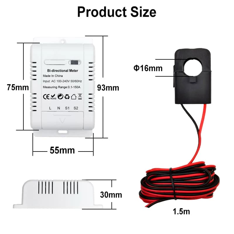 Compteur d'énergie WiFi bidirectionnel intelligent, transformateur de courant à pince 150A, capteur 