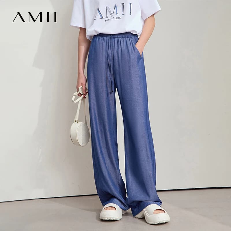 AMII décontracté pantalons d'été femmes 2025 nouveau solide cordon taille élastique ample droit Long