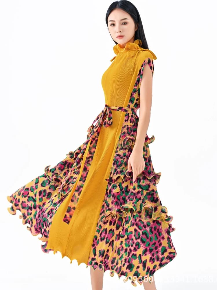 Ata Yake-Robe longue plissée à imprimé léopard pour femme, motif tendance, ceinture en fibre, décont
