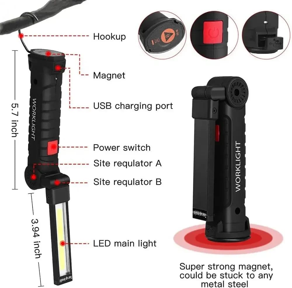 Lampe de poche LED Rechargeable, lampe de travail, crochet suspendu magnétique avec batterie intégré
