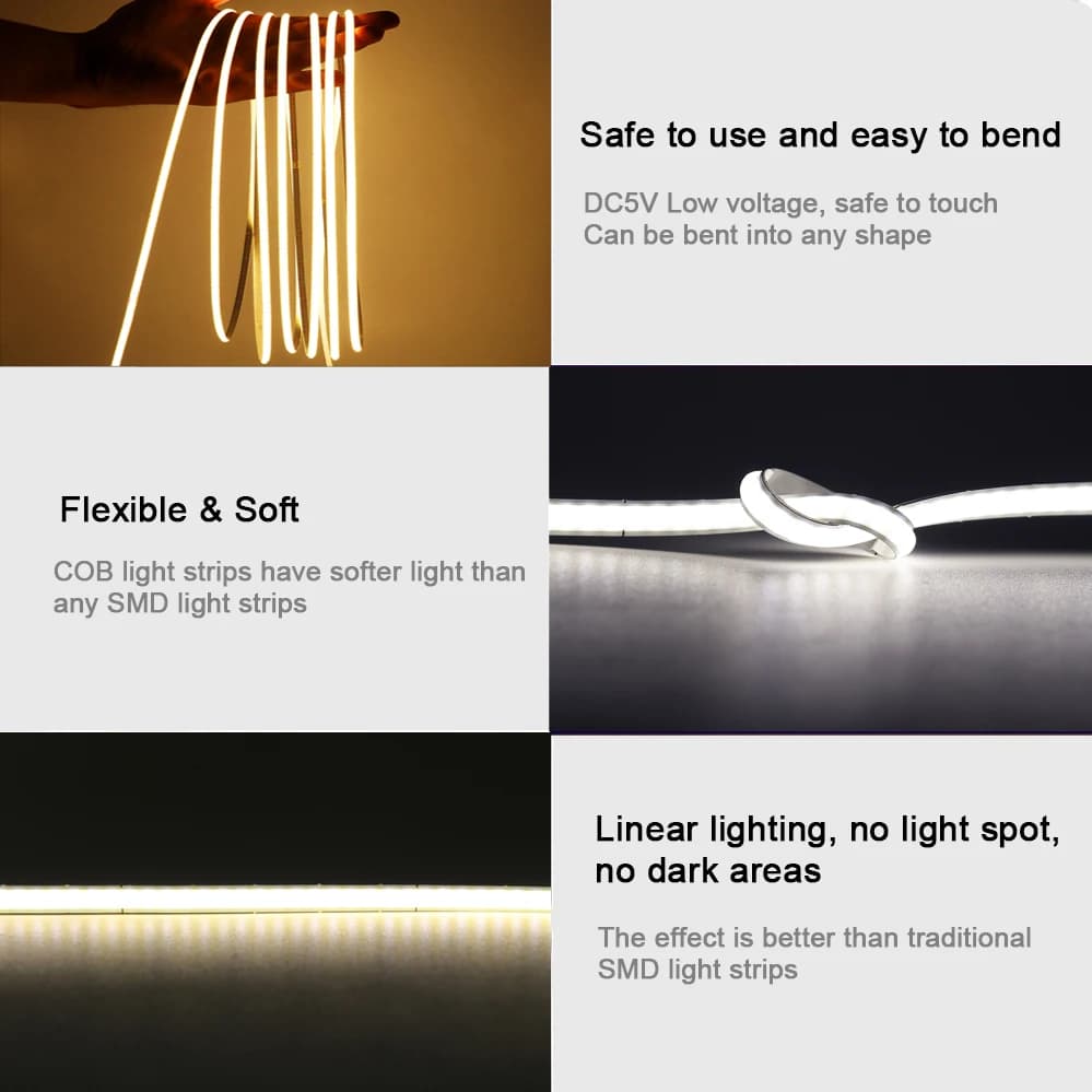 Bande lumineuse LED COB 5mm, 5V, USB, éclairage linéaire haute densité, 320Led/m, Flexible, variable