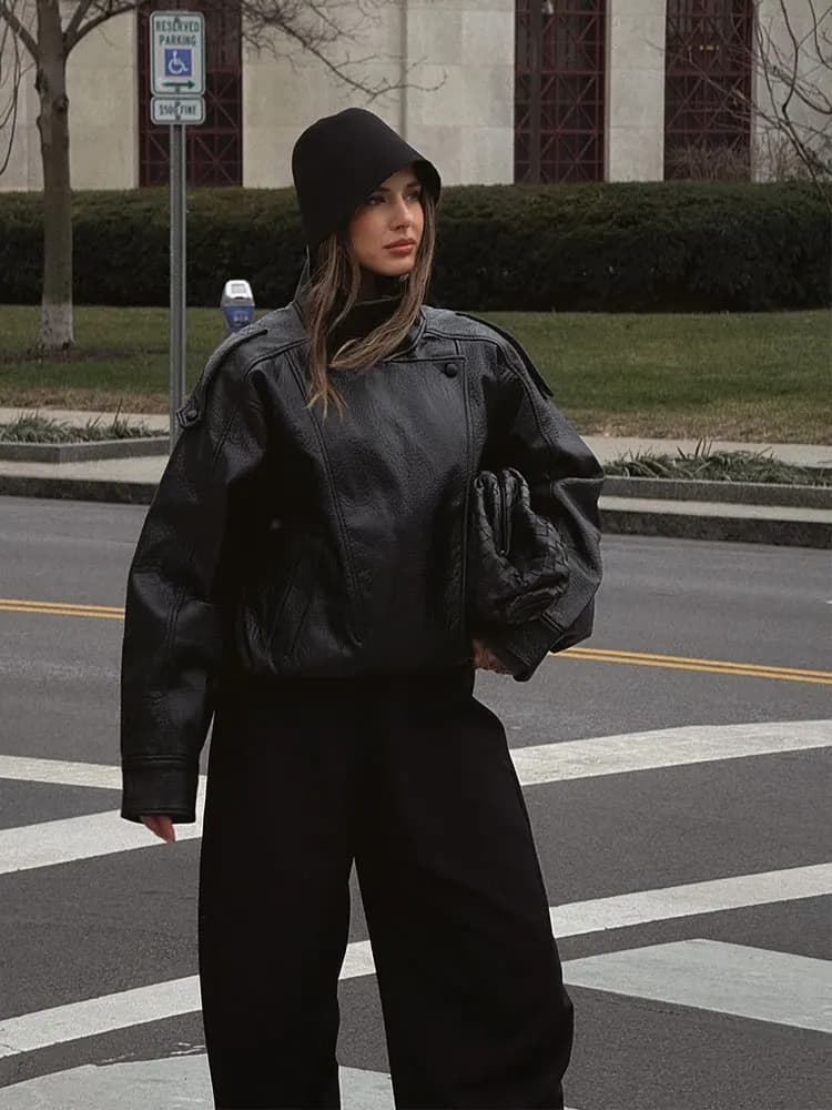 HH 2026 Manteaux en cuir PU noirs tendance pour femme, col montant, manches longues, veste zippée, s