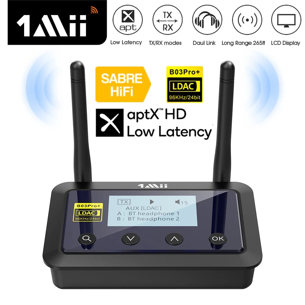 1Mii B03Pro+ Bluetooth 5.0 transmetteur récepteur Audio aptX LL HD CSR8675 HiFi LDAC adaptateur Blue