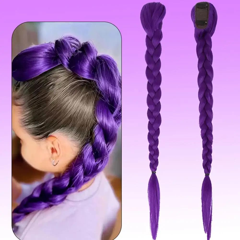 Extensions de queue de cheval tressées violettes de 66cm pour enfants, tresses longues violettes, co