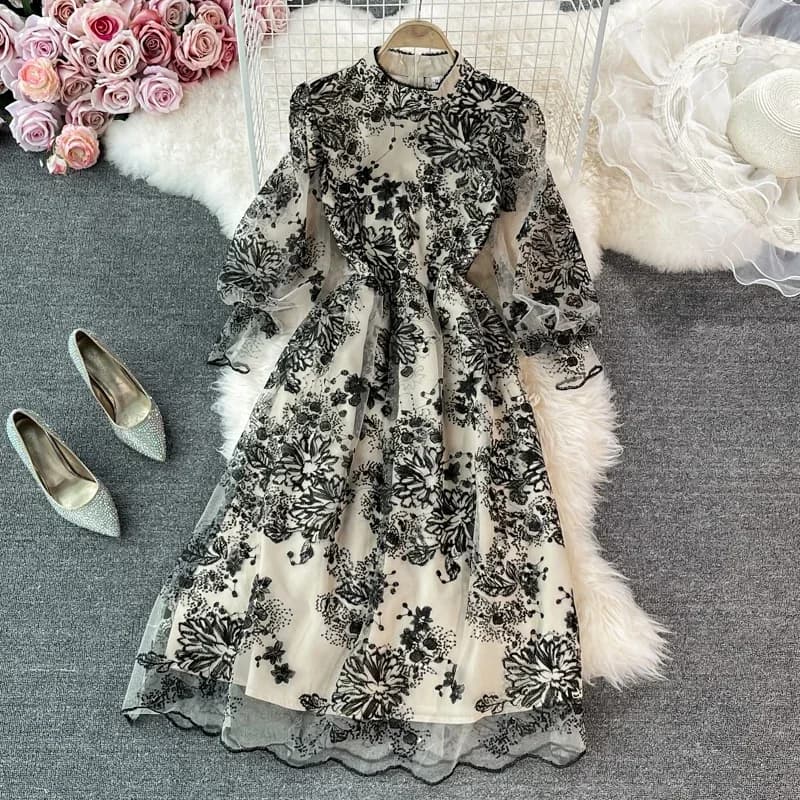 Robe de Soirée Sexy en Maille Brodée pour Femme, Col Montant, Manches Lanterne, Chic, Élégante, Tail