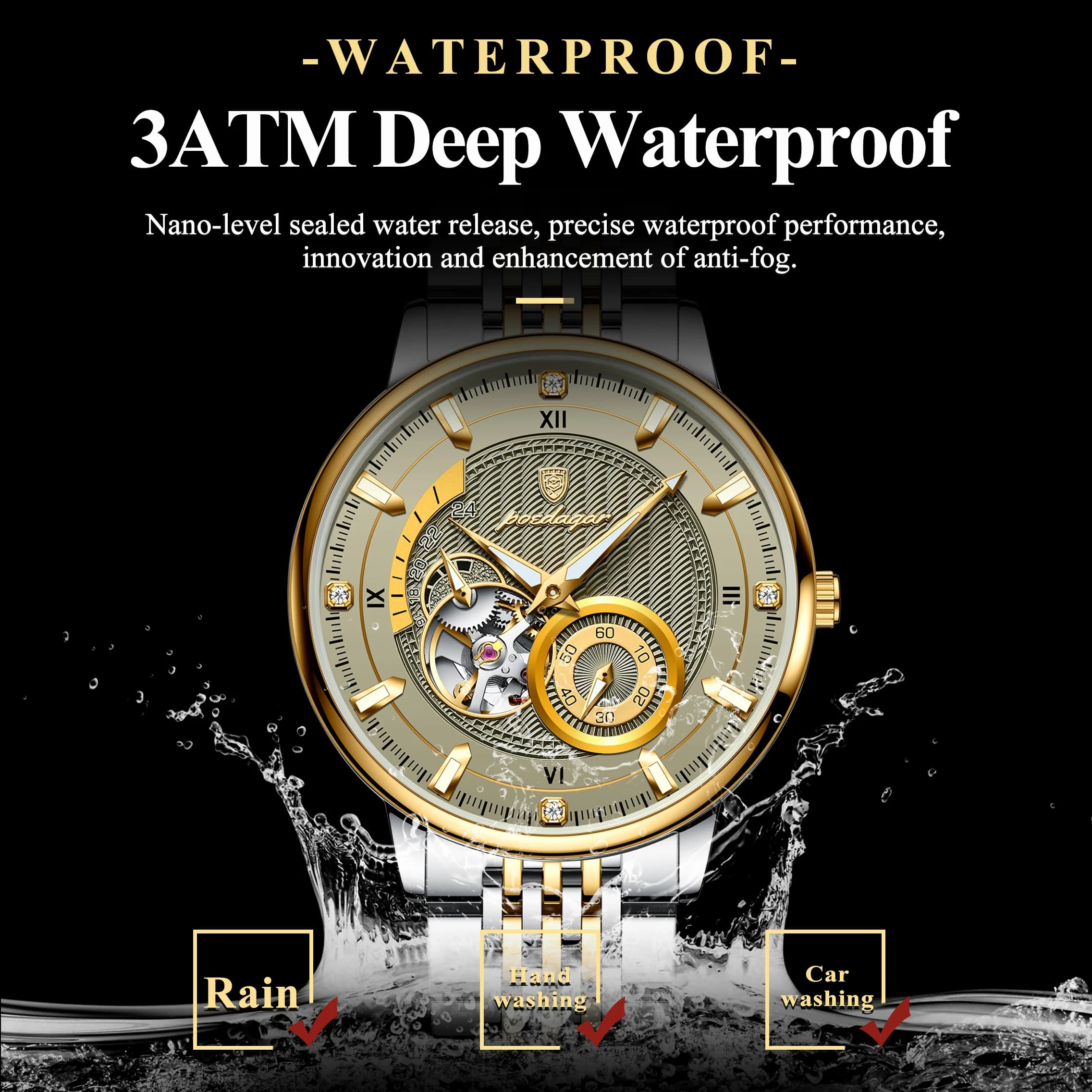 POEDAGAR haut de gamme homme montre-bracelet lumineux creux Tourbillon en acier inoxydable hommes ho