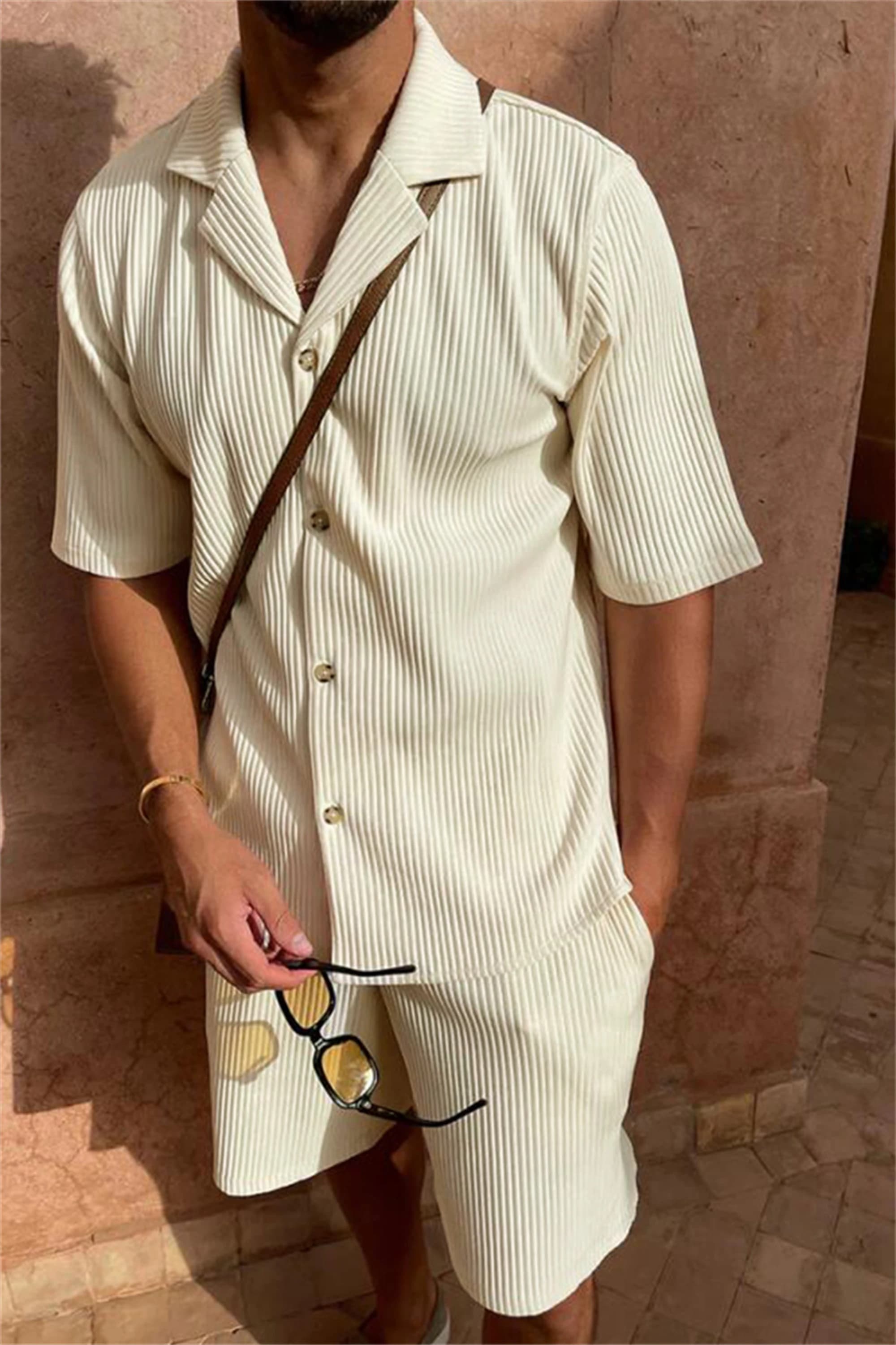 Costume printemps/été en velours côtelé de couleur unie, chemise à manches courtes et short extensib