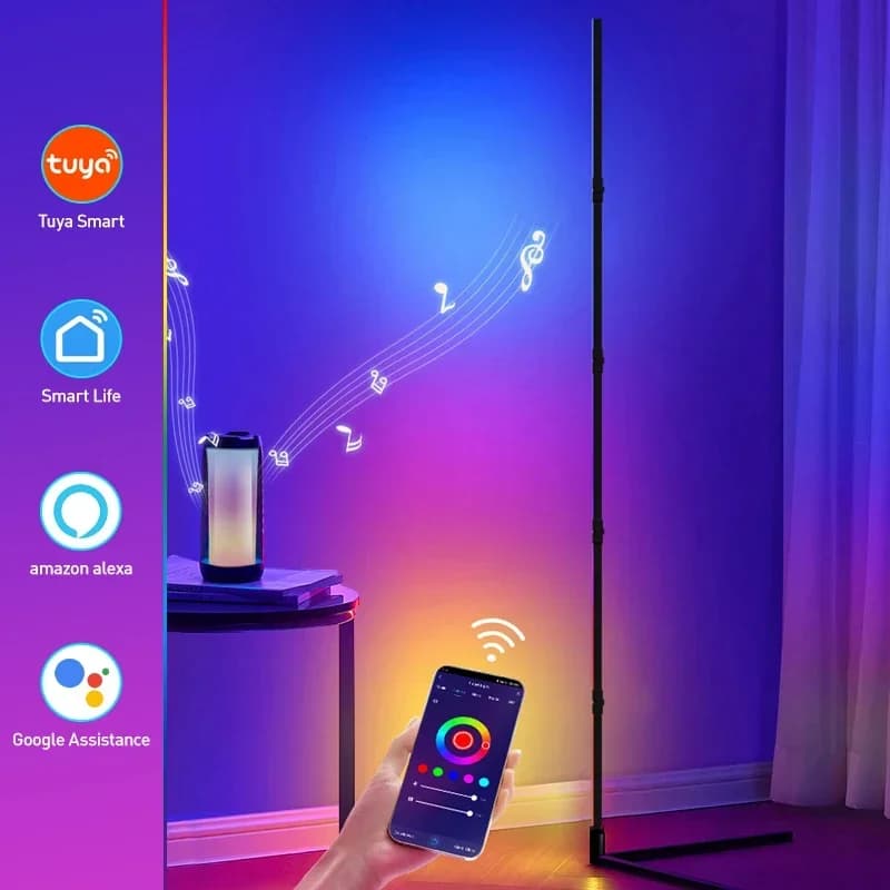 Lampadaire d'angle intelligent RGBIC 180cm, application Tuya et télécommande, couleurs et effets rég