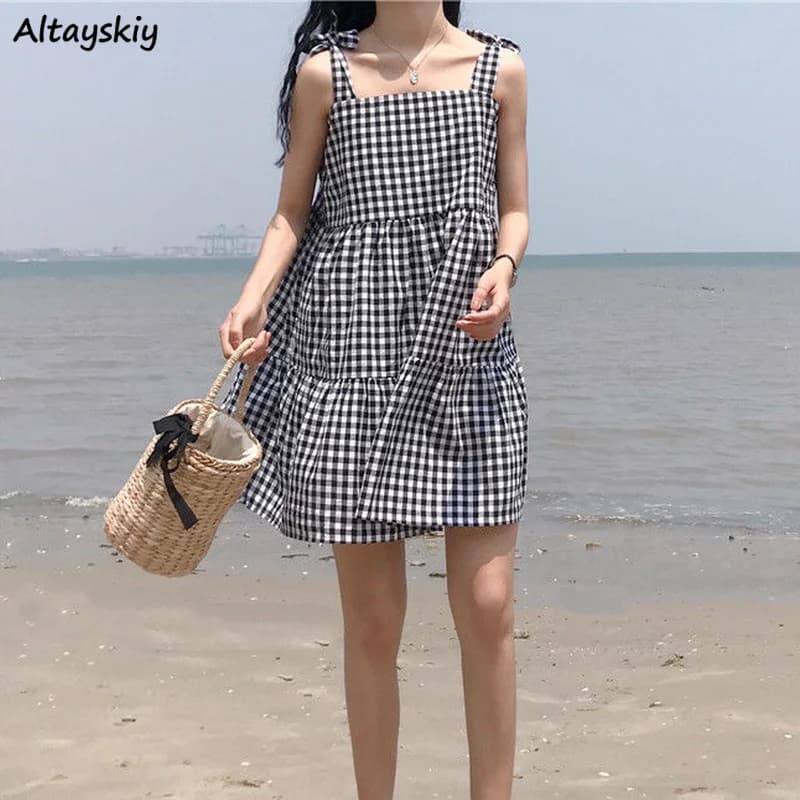 Robe à carreaux en fibre pour femmes, ceinture, design tout-assressenti, ligne A, robes de plage, mo