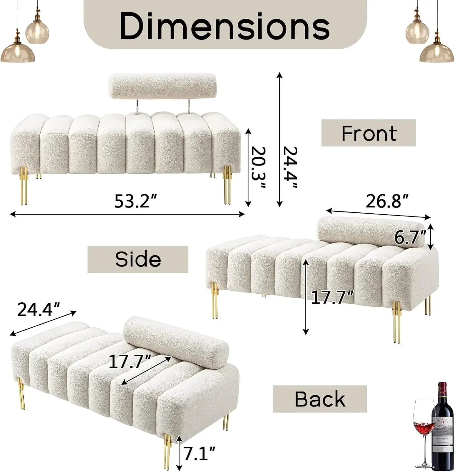 Un canapé causeuse moderne de 53,2 pouces, canapé d'appoint rembourré avec pieds dorés et dossier ré