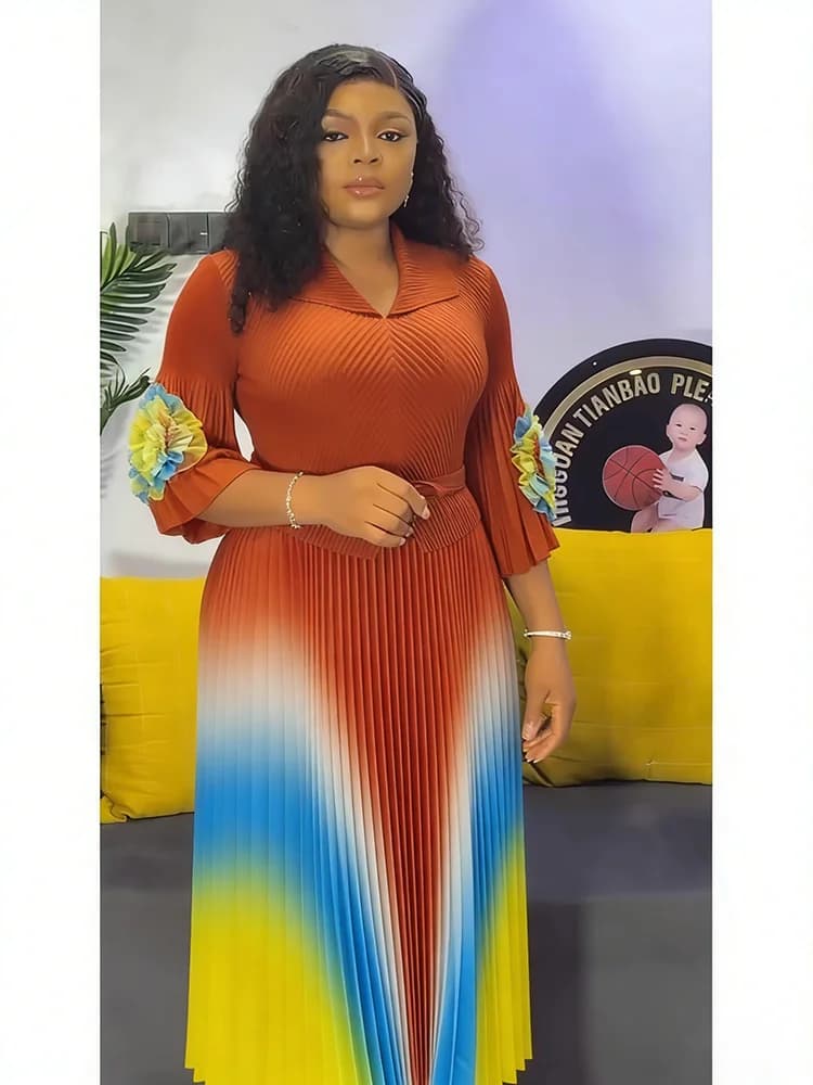 EGRM – robe Miyaki à revers, manches lanternes, ceinture, taille amincissante, dégradé plissé, jupe 