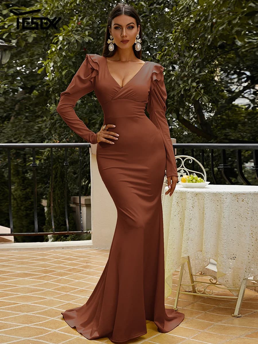 Yesexy-Robe de Rhsirène marron pour femme, manches longues bouffantes, tendance estivale, 2023