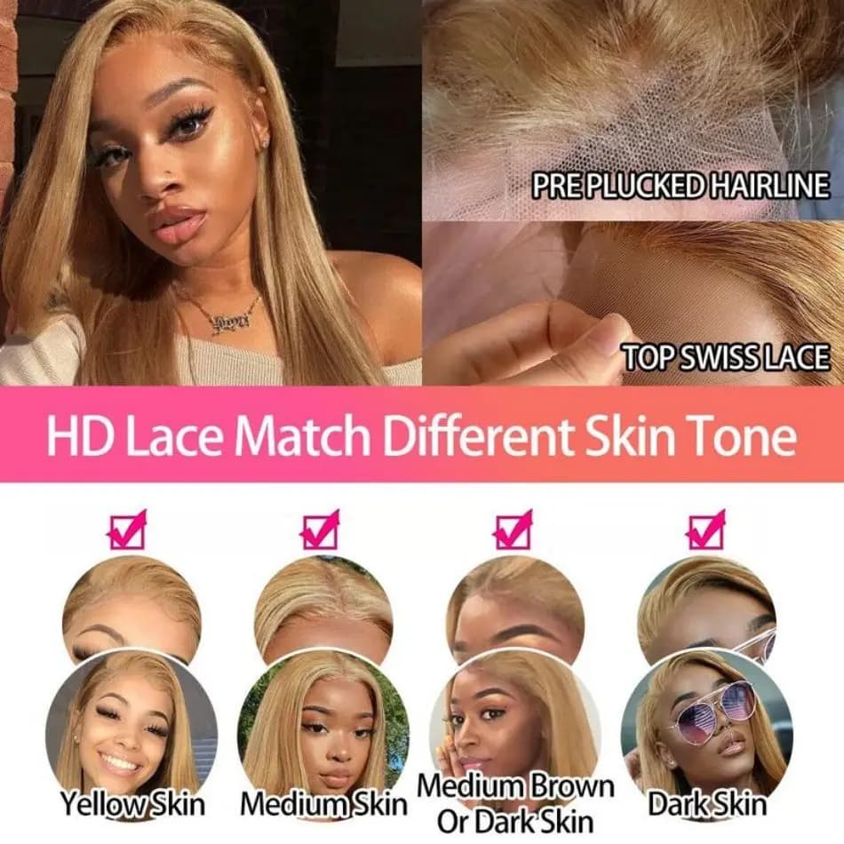 Perruques de cheveux humains lisses blond miel 27, colorées, avec dentelle frontale HD 13x6, perruqu