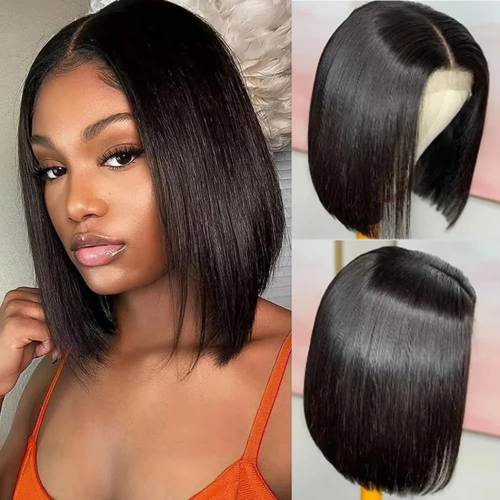 Perruque Lace Front 13x4 Brésilienne Courte Bob Lisse Noir Naturel 8-14 Pouces Sans Colle Douce Épai