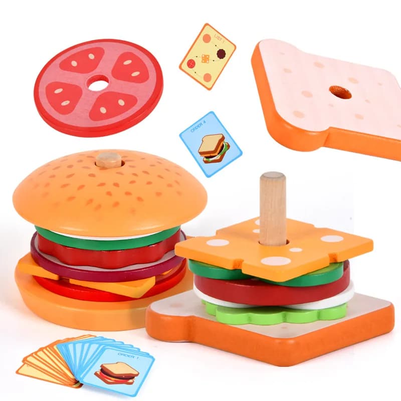 Jouet Montessori pour enfants, Sandwich à Hamburger en bois, frites, tri, jouets empilables, apprent
