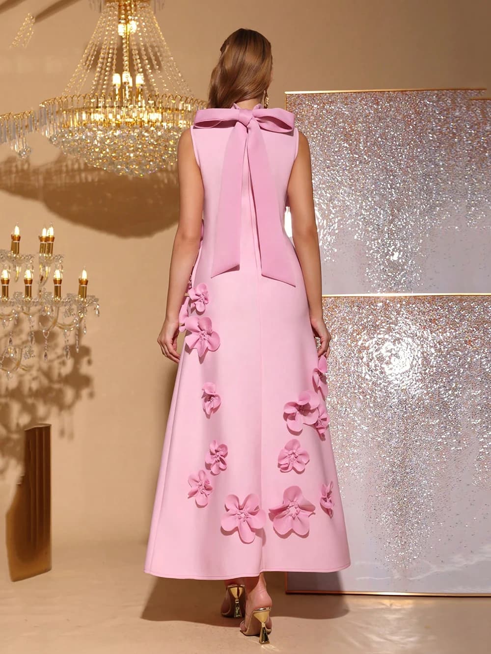 Modphy Patchwork Appliques robe pour femmes col montant sans manches taille haute élégant épissé à l
