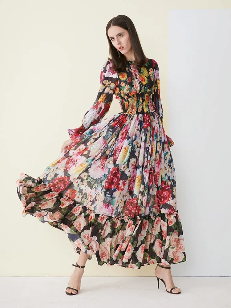 Robe d'été élégante en mousseline de soie pour femmes, imprimé floral, manches longues, col à volant