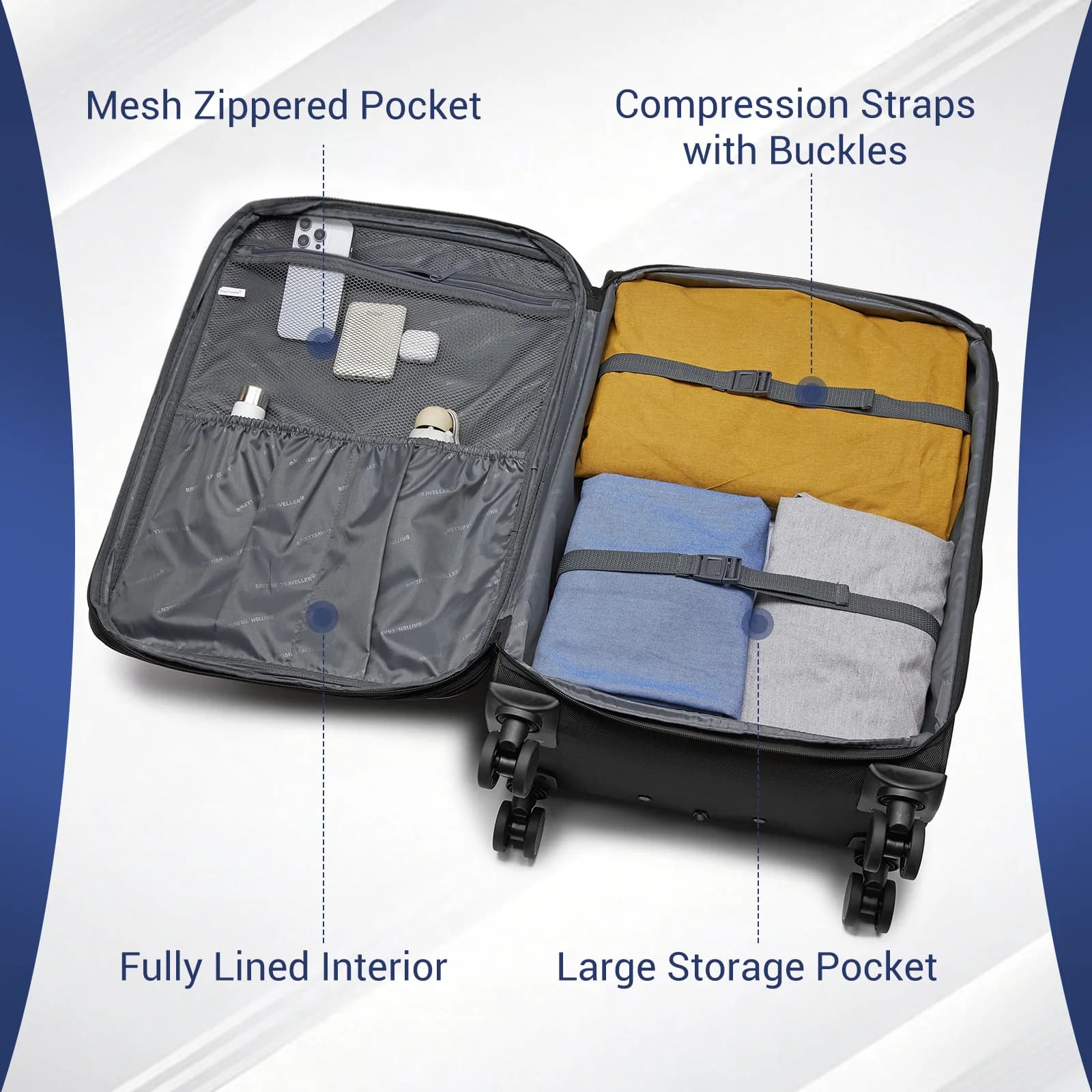 Valise British Traveller - Poignée réglable, 4 roulettes pivotantes, légère, serrure TSA - Bagage en