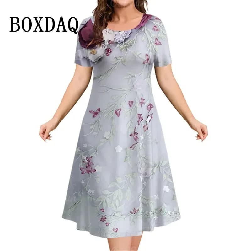 Robes vintage à imprimé floral 3D pour femmes, pull décontracté à manches courtes, robes grande tail