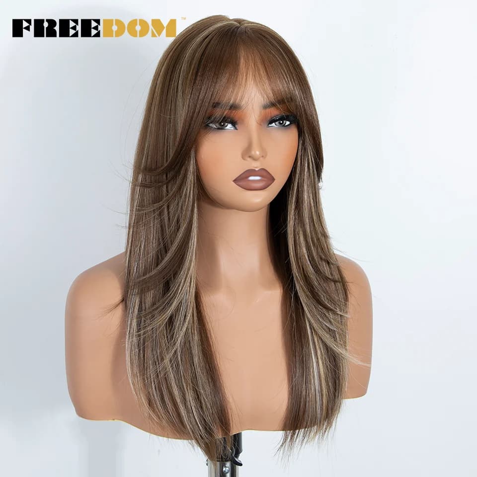 Perruque synthétique FREEDOM à franges droites avec frange, 20 pouces, ombré brun blond, pré-coupée,