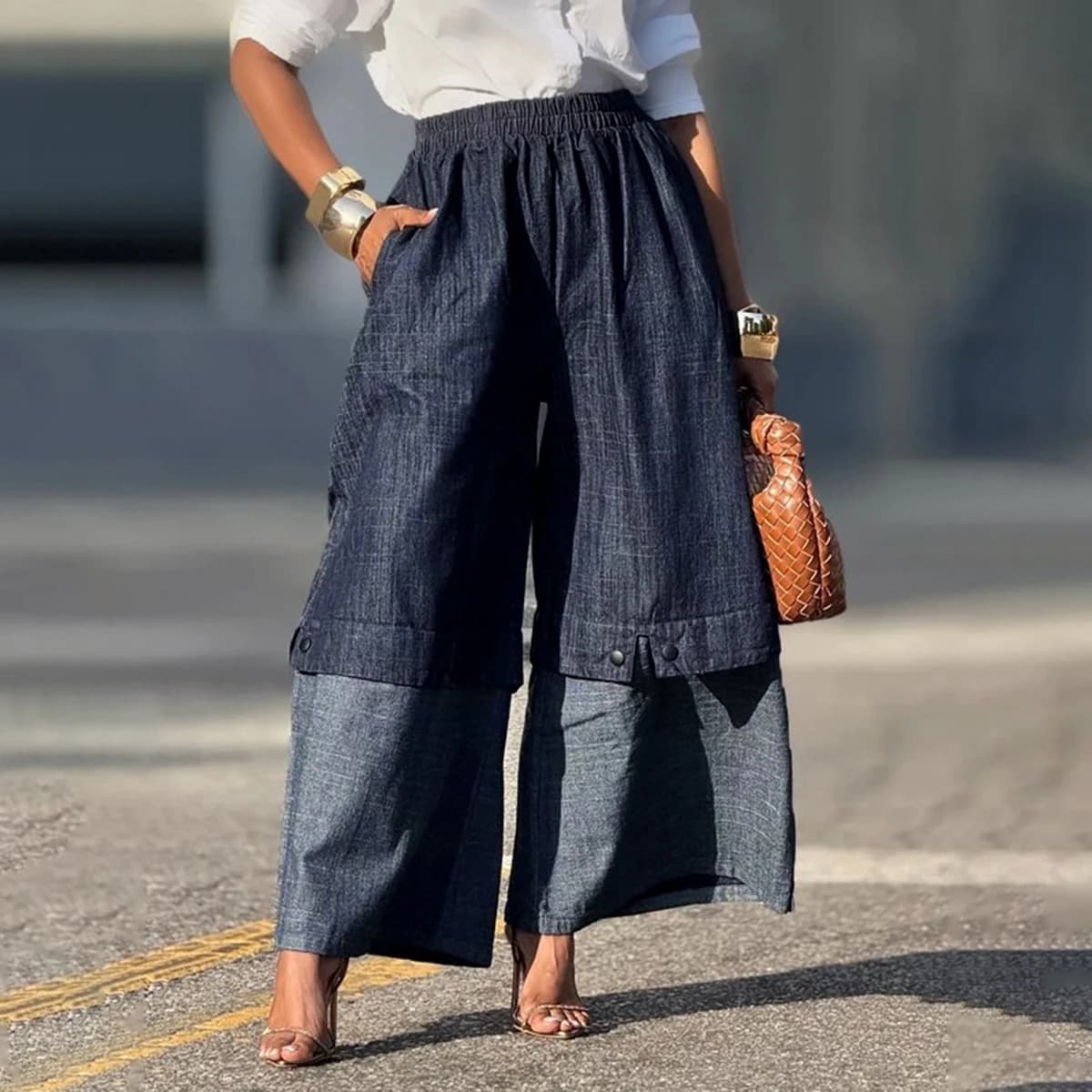 UOOZEE urbain femme Streetwear couches Denim pantalon à jambes larges ample élastique taille haute p