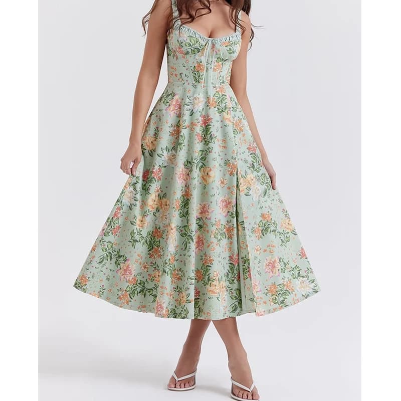 YENKYE-Robe mi-longue à imprimé floral de style français pour femmes, robe à bretelles A-ligne, fent