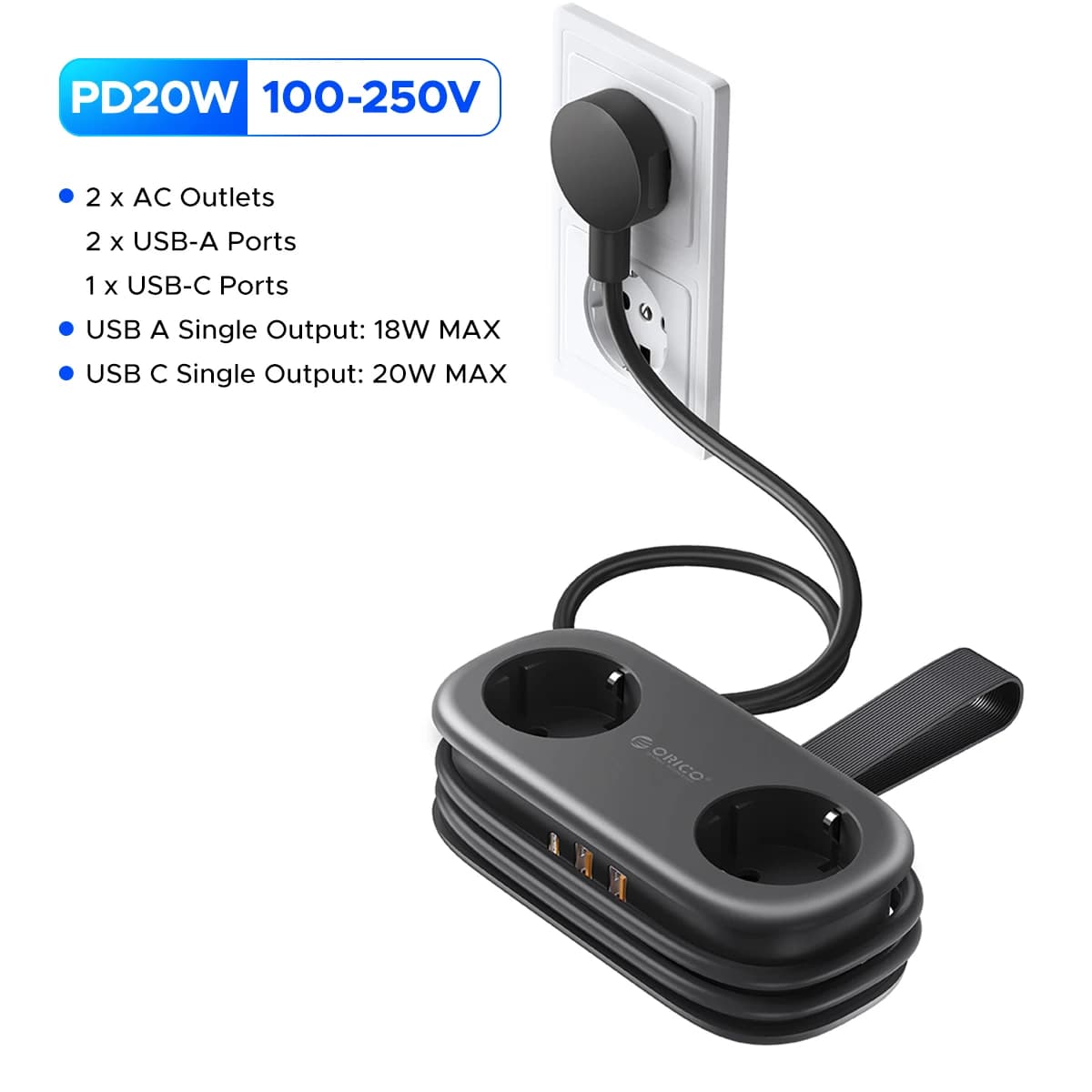 ORICO 20W prise ue multiprise électrique avec prises 2AC 2USB 1 Port type-c 1.53M câble d'extension 