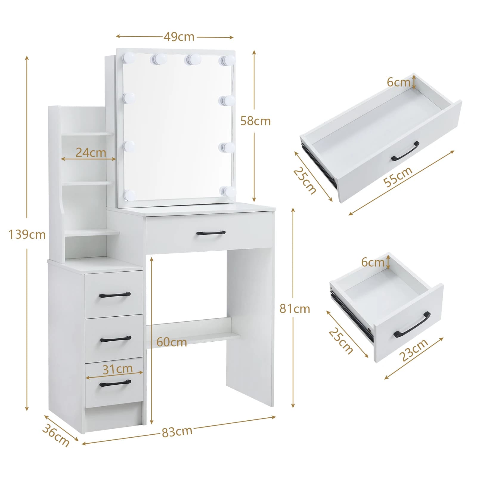 Commode avec miroir à ampoule LED, ensemble de vanité avec 4 portes de proximité, 3 motifs lumineux 