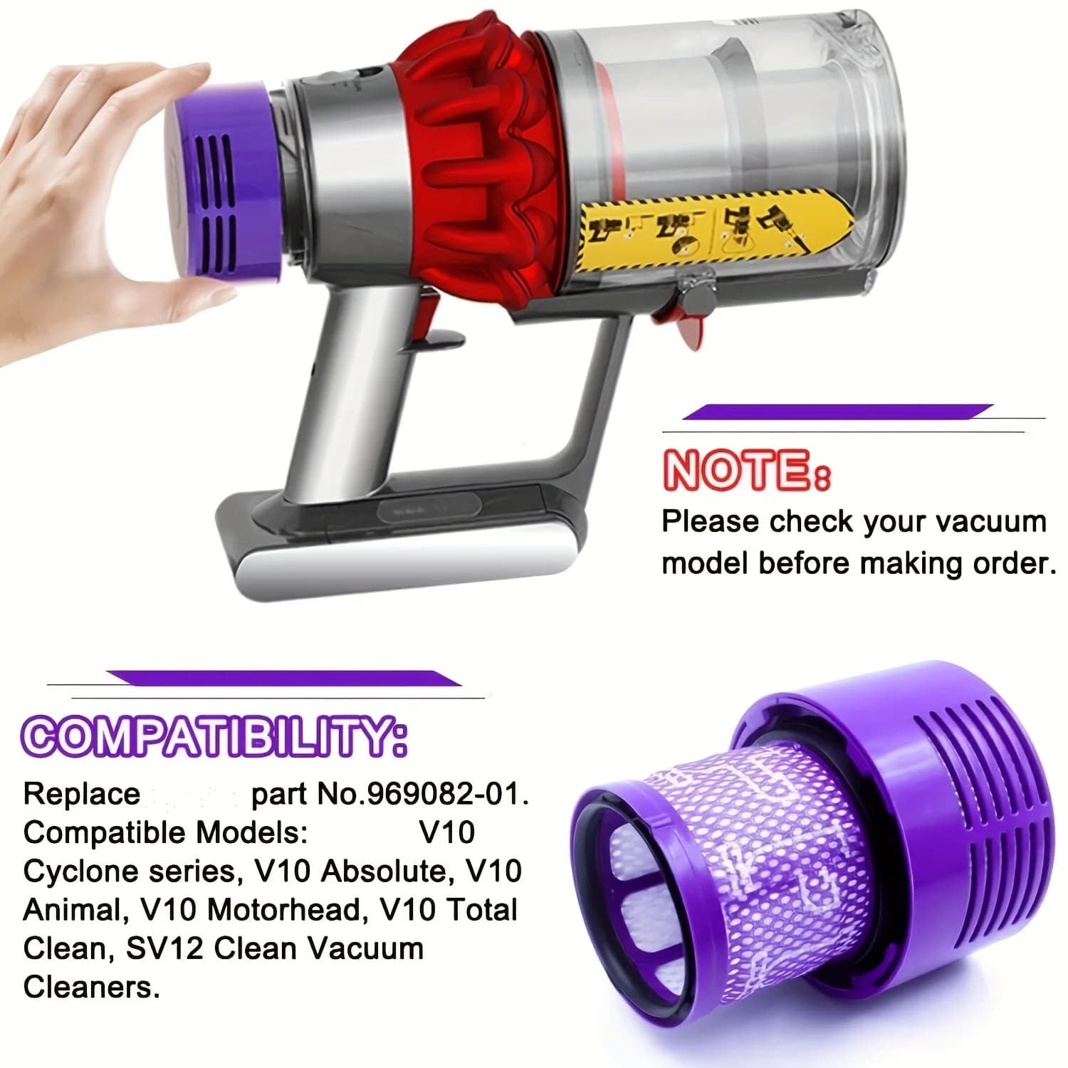 Grande unité de filtre lavable pour aspirateur sans fil Dyson V10 (SV12) Cyclone Animal Absolute Tot