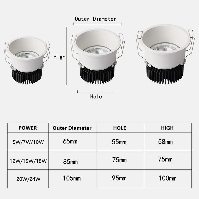 Downlight encastré Anti-éblouissement à intensité variable 7w 9w 12w 15w, projecteur Led rond de pla