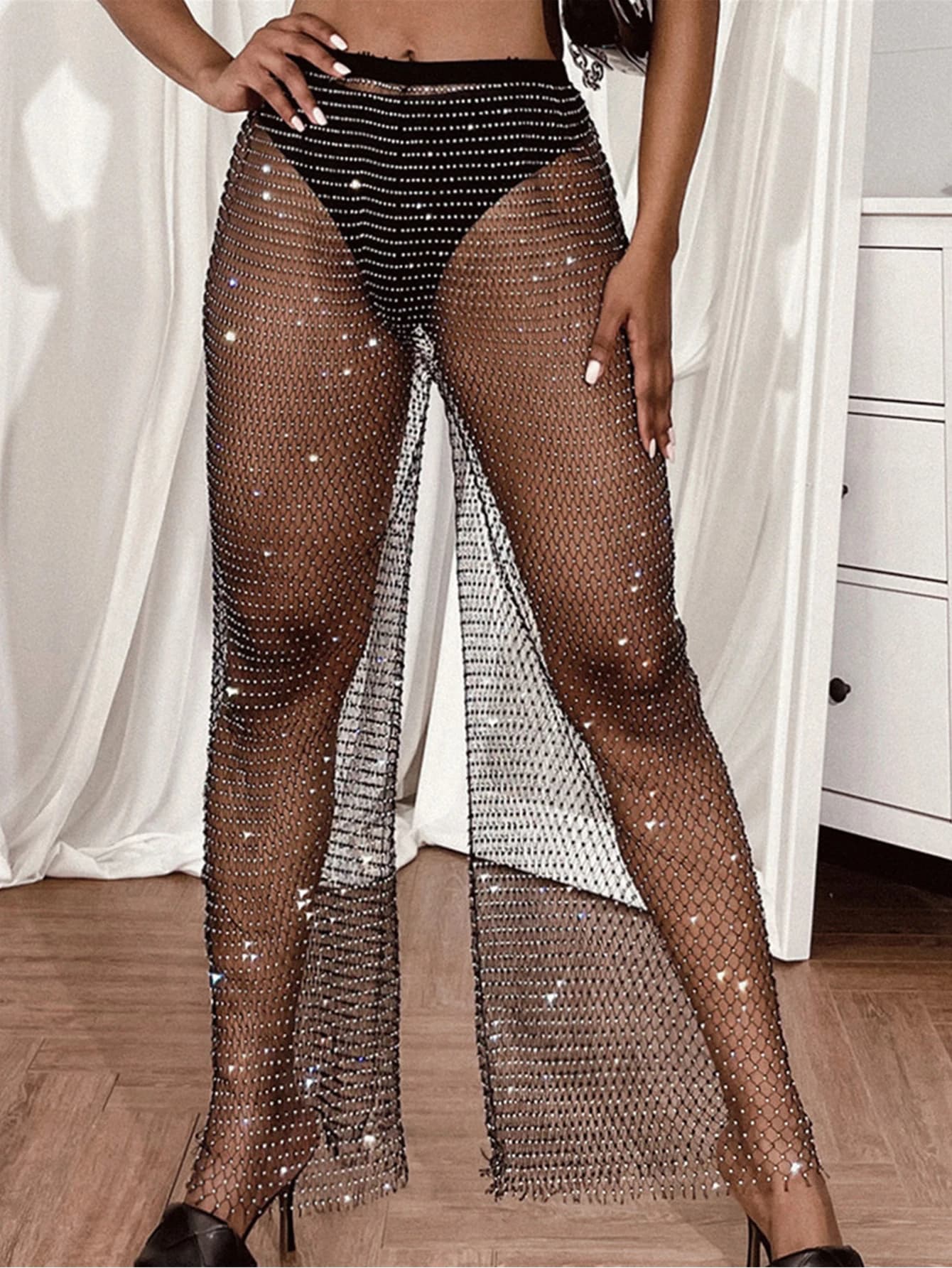 Pantalon Sexy en résille et strass pour femme, streetwear, transparent, club, fête, vintage, jambes 