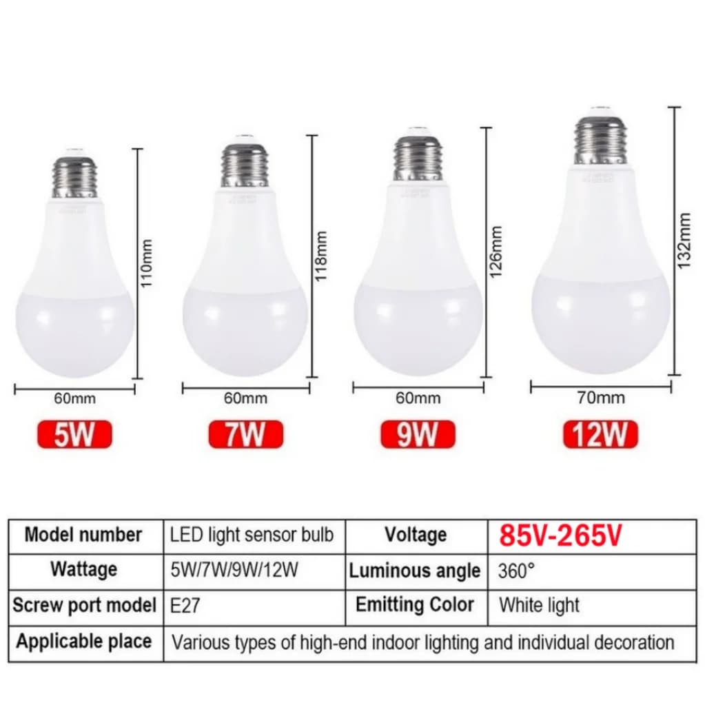 E27 LED crépuscule à l'aube ampoule 5W 7W 9W 12W capteur lumière extérieure AC 85-265V jour veilleus