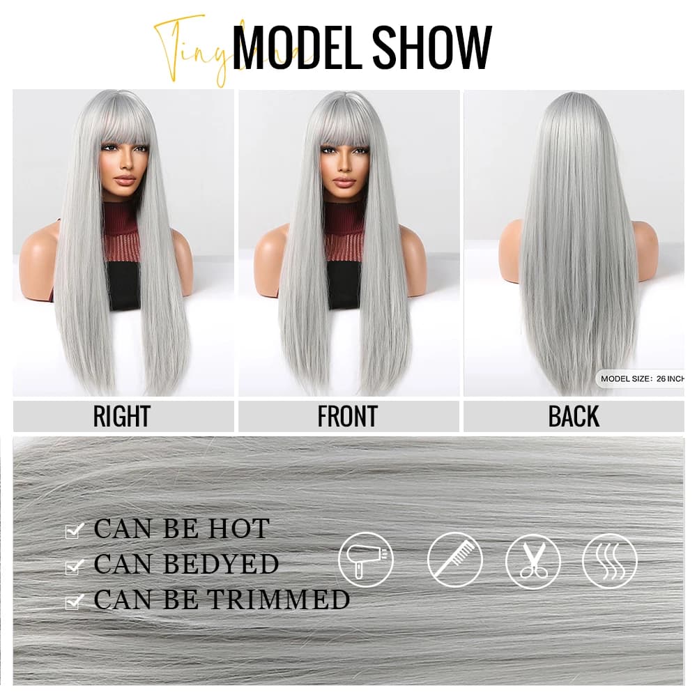 Perruques synthétiques longues et lisses gris cendré argenté, cheveux naturels Lolita Cosplay avec f