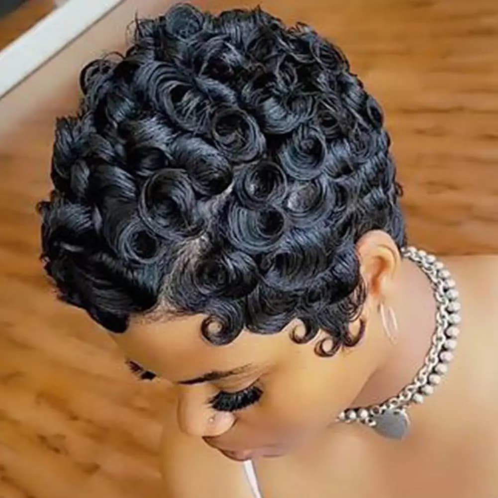 Perruques courtes coupe lutin pour femmes noires cheveux synthétiques Afro perruque lutin couleur no