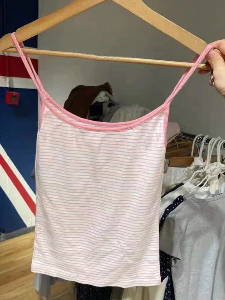 Débardeur Slim rayé rose doux pour femme, haut court, Sexy, mignon, sans manches, Camis en coton dou