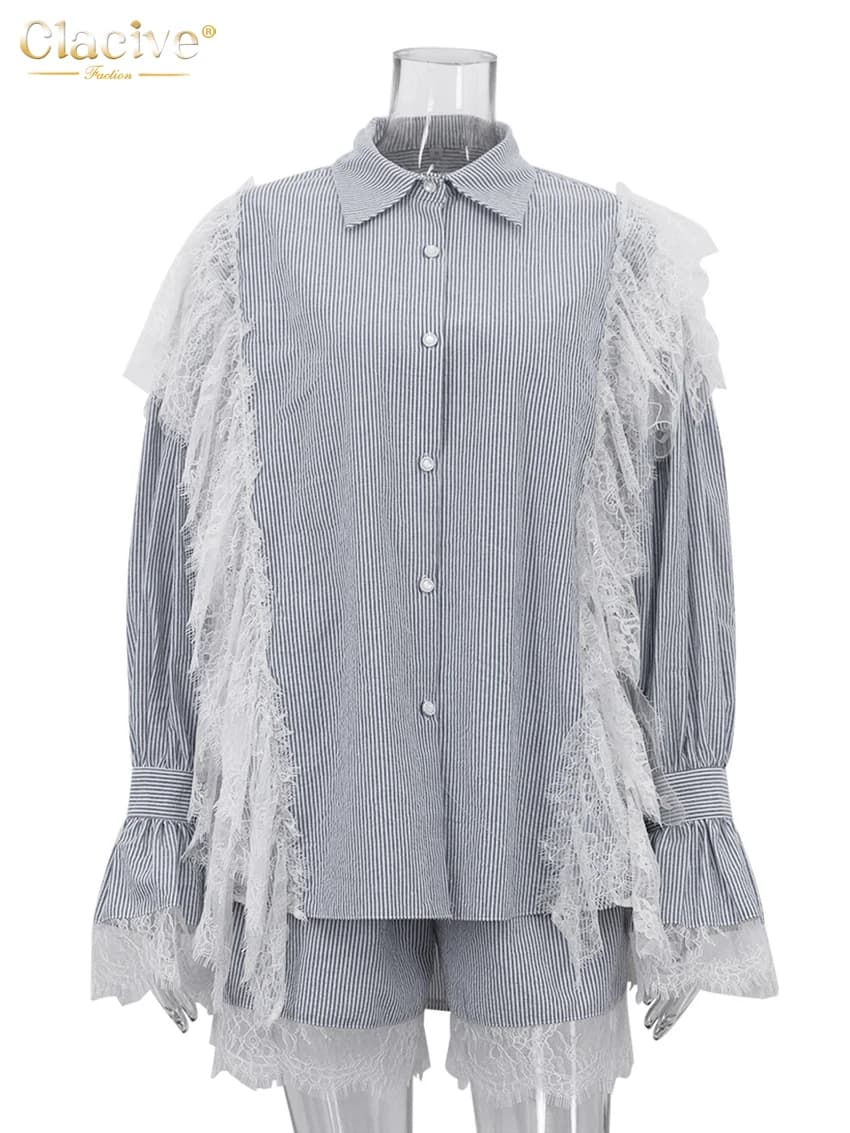 Clacive mode ample gris rayure dentelle épissé femmes deux pièces ensemble élégant à manches longues