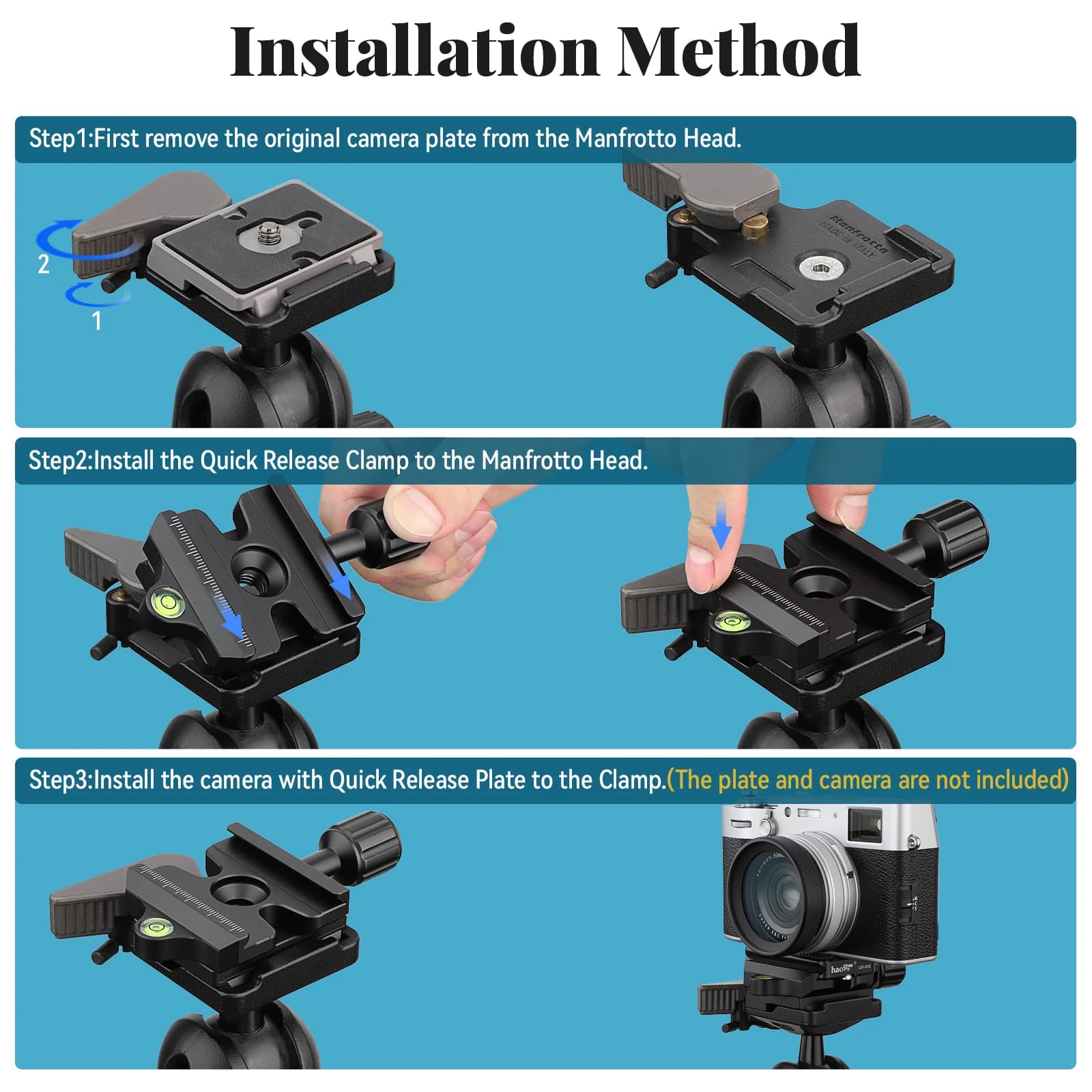 Haoge-Adaptateur de pince QR à dégagement rapide, compatible avec le système Manfrotto RC2 vers Arca