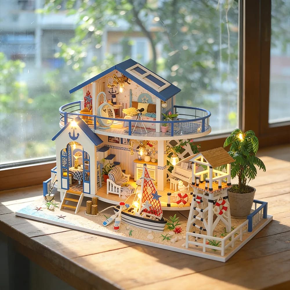 Blue Coast – maison miniature en bois à assembler soi-même, scène miniature, cabane faite à la main,