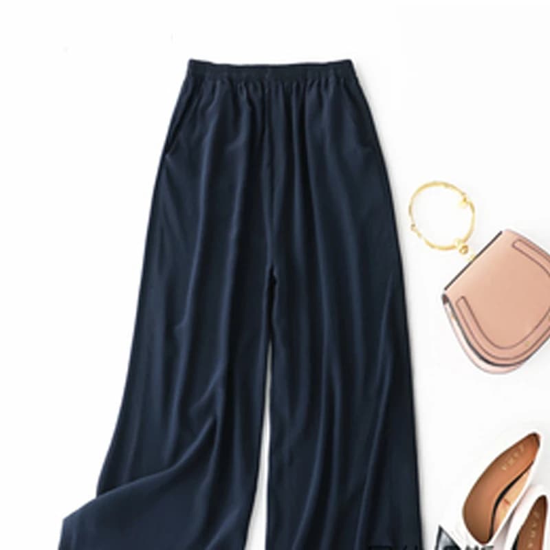 Birdtree, pantalon d'été 100% soie crêpe dechine, pantalon à jambes larges pour femme, pantalon cour