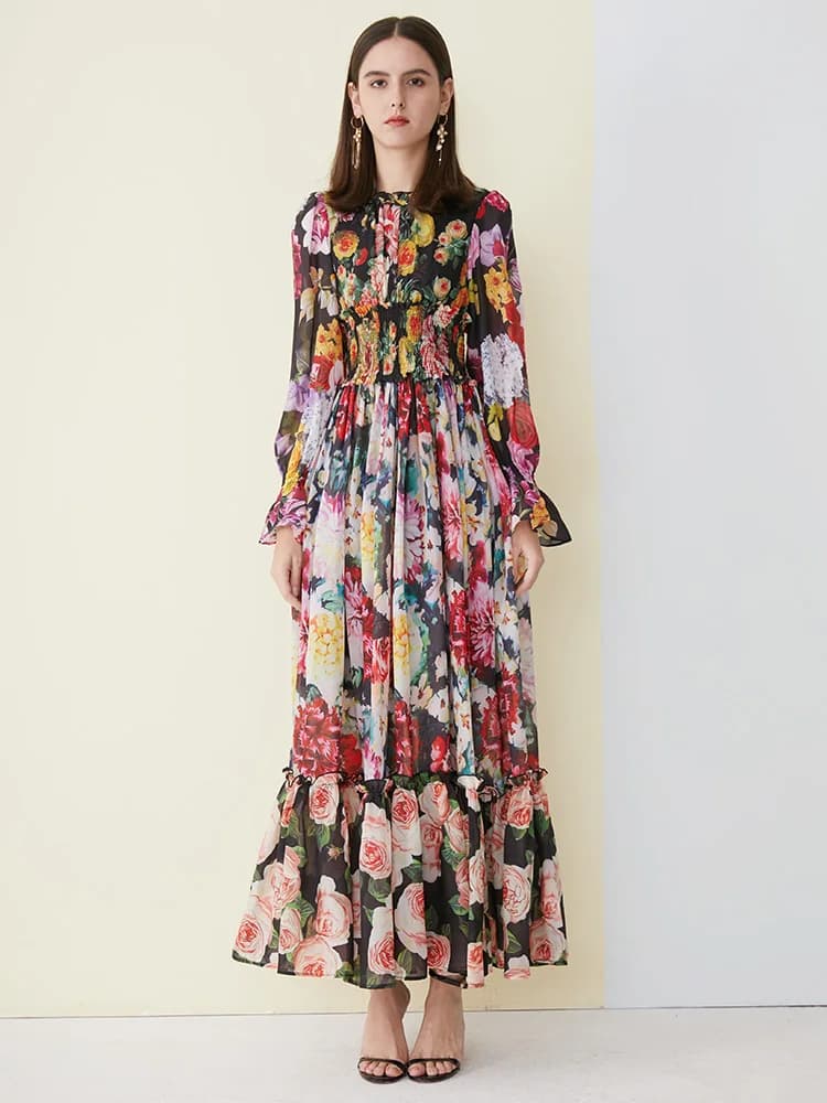Robe d'été élégante en mousseline de soie pour femmes, imprimé floral, manches longues, col à volant