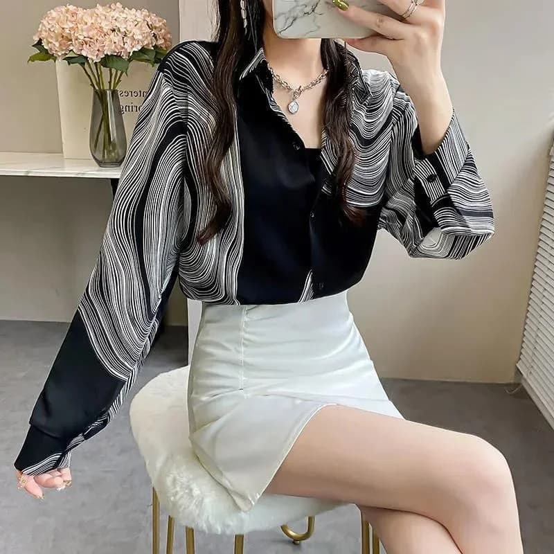 Chemisier en mousseline de soie à rayures pour femmes, chemise à manches lanterne, revers élégant, b