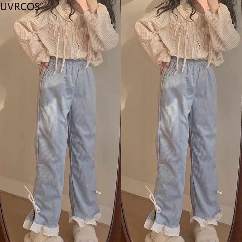 Pantalon en velours côtelé à nœud rose pour femme, style Sweet Lolita, volants Kawaii, bandage latér