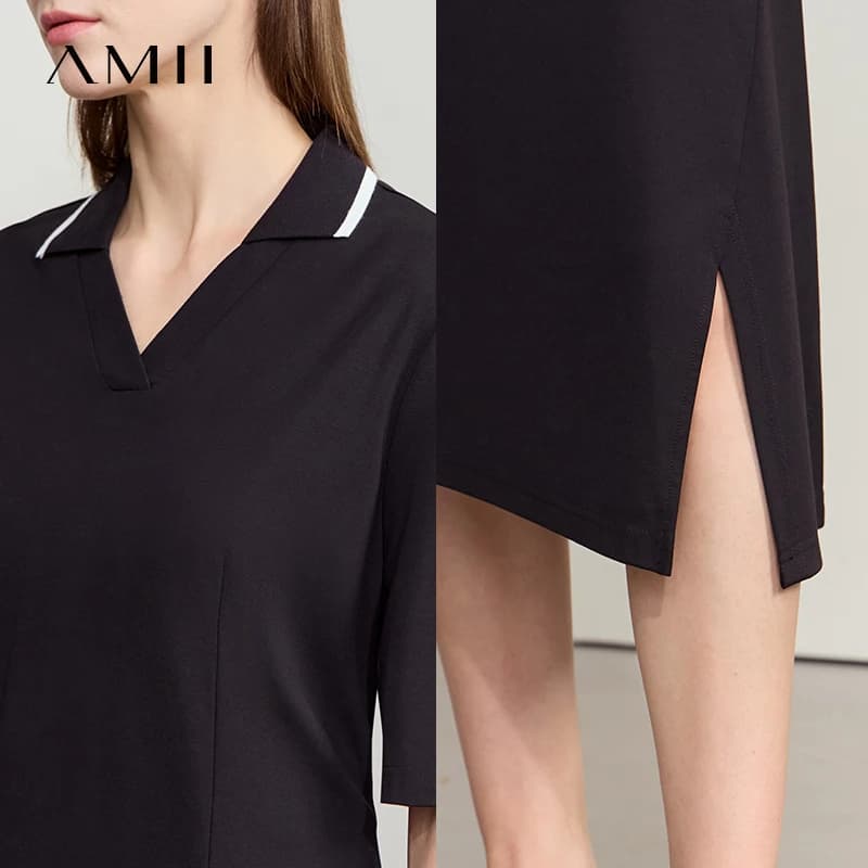 Amii minimalisme robe 2025 été nouvelles femmes revers col en v à manches courtes tricot taille bure