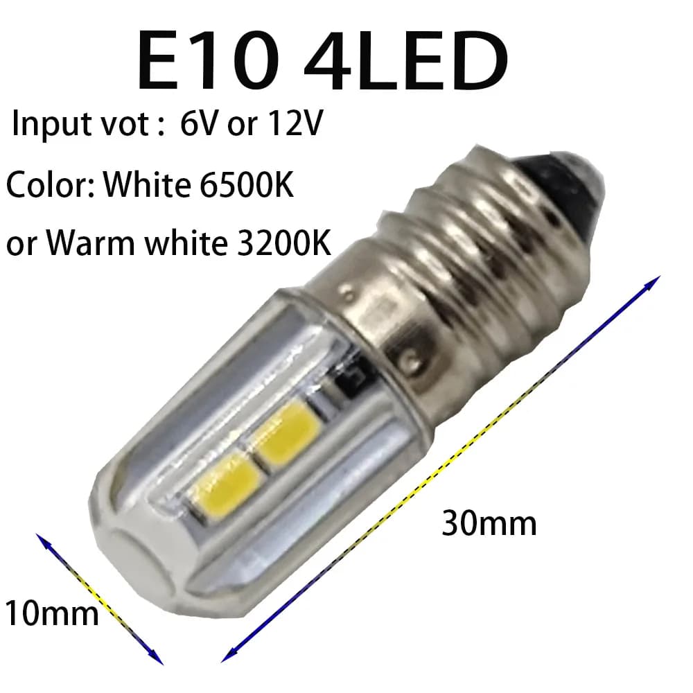 Ampoule LED E10 4SMD DC 3V 6V 12V E10 pour lampe de poche, torche de remplacement, lampe d'instrumen