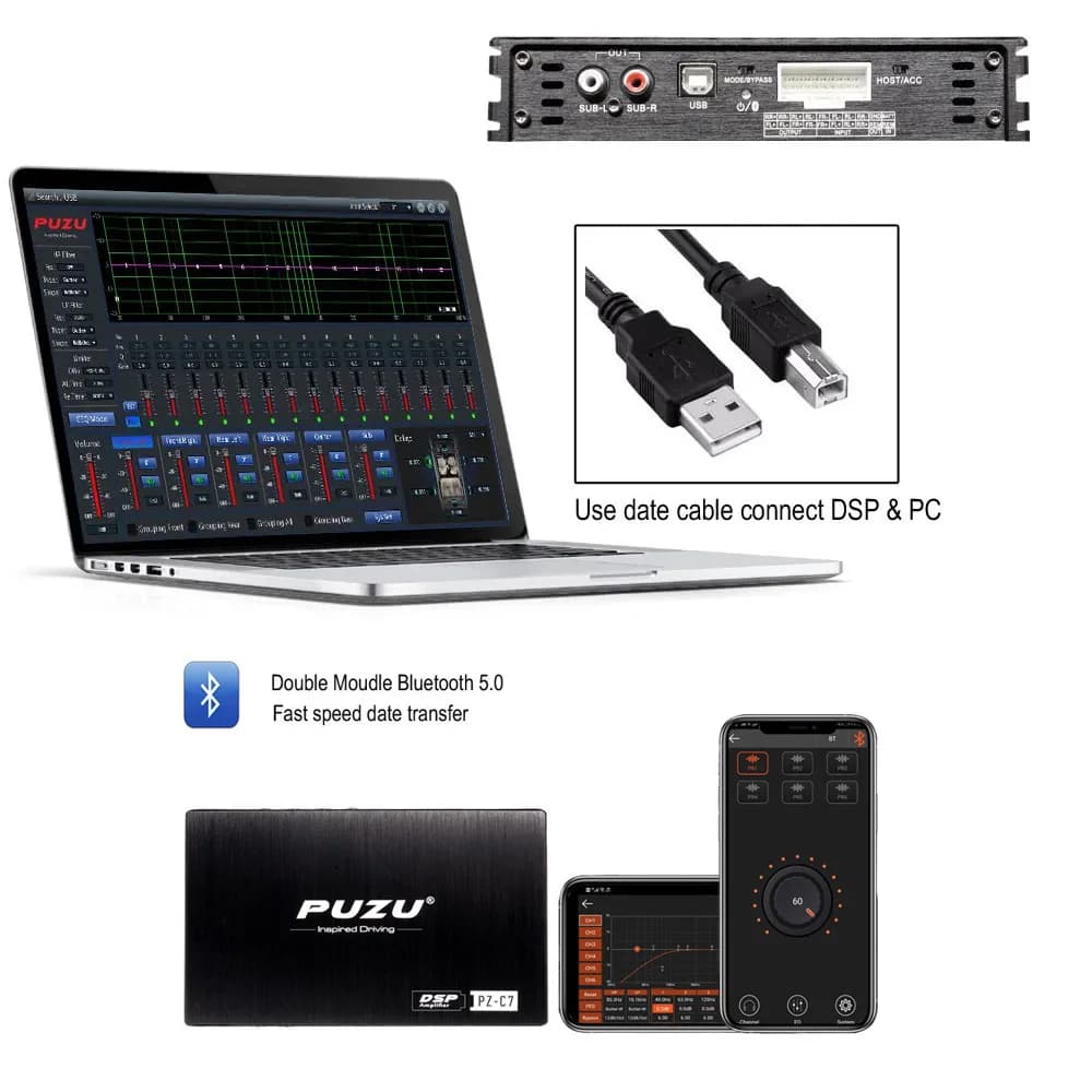 PUZU PZ-C7 faisceau de câblage 4X150W amplificateur DSP de voiture mise à niveau sonore d'autoradio 