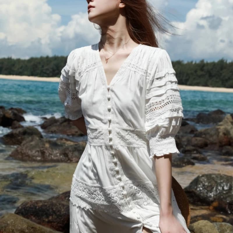 Robe longue en dentelle blanche 100% coton pour femmes, vintage, col en v, manches bouffantes, haute