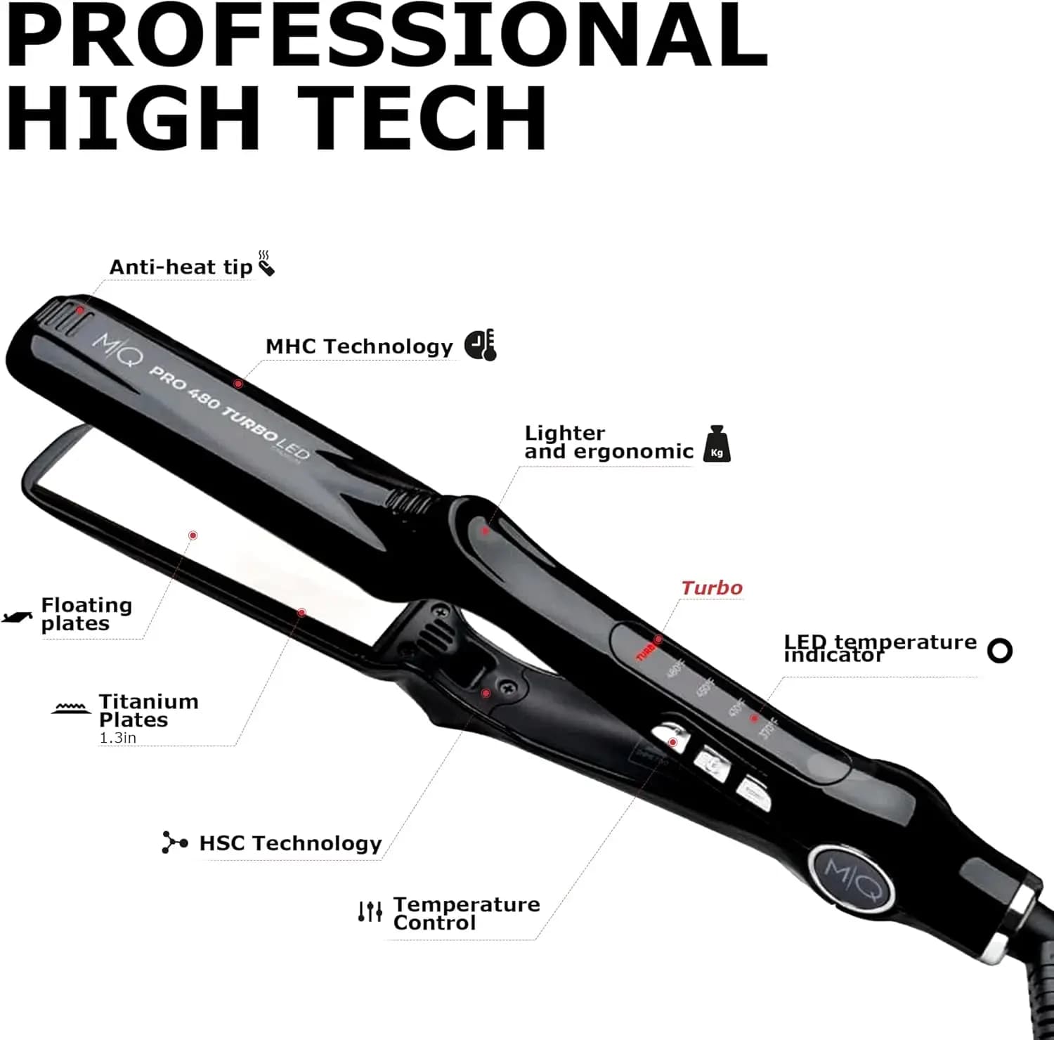 Fer à lisser professionnel MQ en titane plat Bivolt 480 ° Conception anatomique F Turbo, ultra-lisse