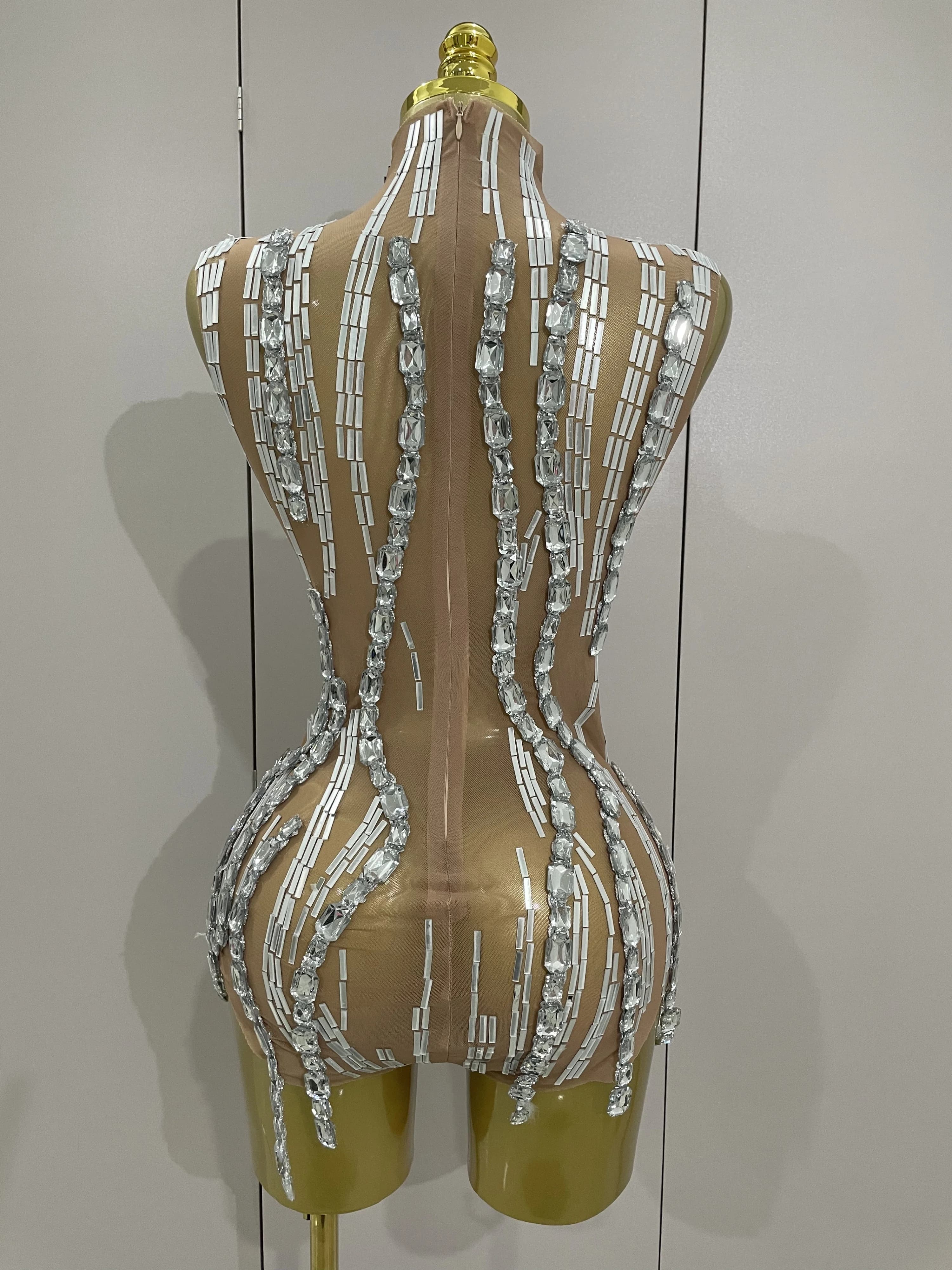 Chaîne de strass scintillante, body Transparent sans manches, Sexy, pour femmes, fête, discothèque, 