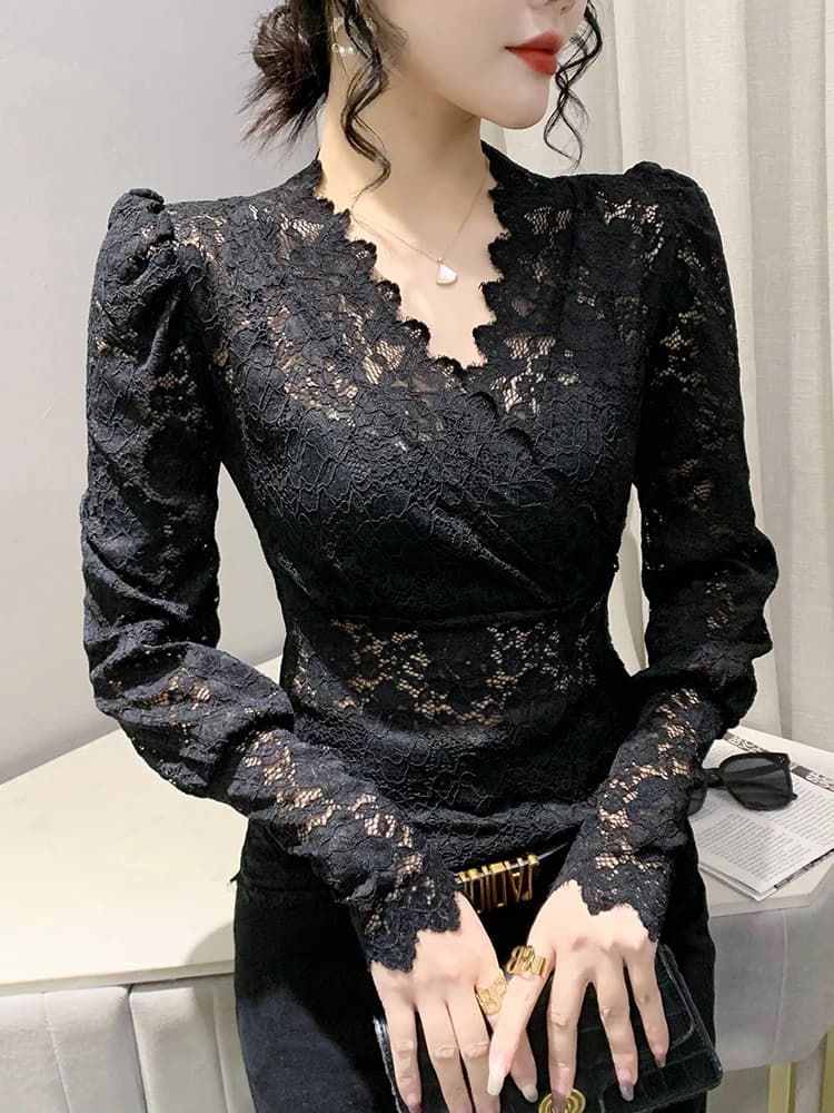 T-shirt à col en V croisé à manches longues pour femmes, simple couche, dentelle évidée, t-shirts mi